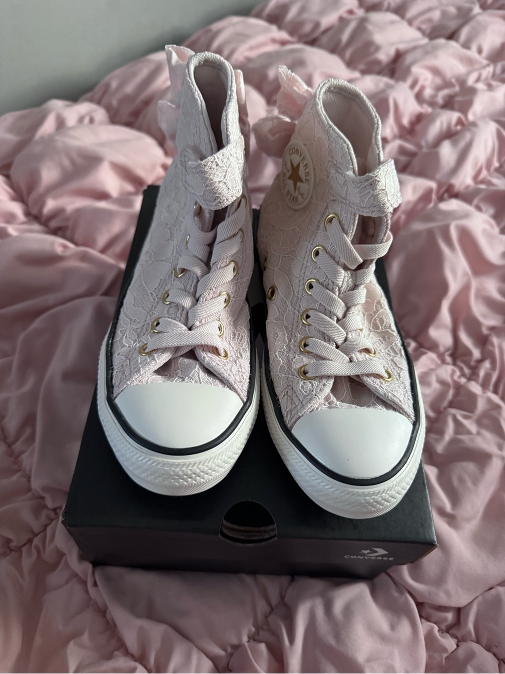 Converse Pink Lace High-Top Sneakers with Gold Eyelets